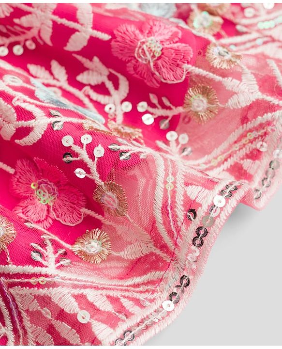 Babyhug Net Woven Frill Sleeves Lehenga Choli & Dupatta With Floral Embroidery & Sequin Detailing - Pink