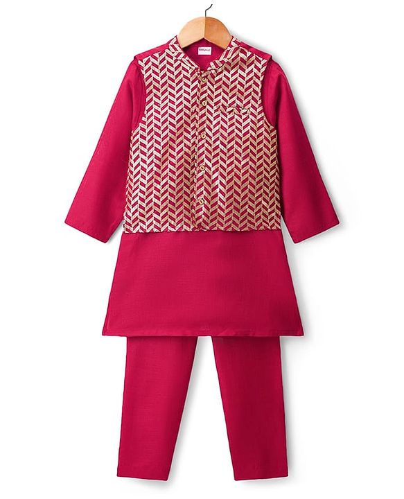 Babyhug Cotton Blend Woven Full Sleeves Kurta Pyjama Set With Nehru Jacket - Red