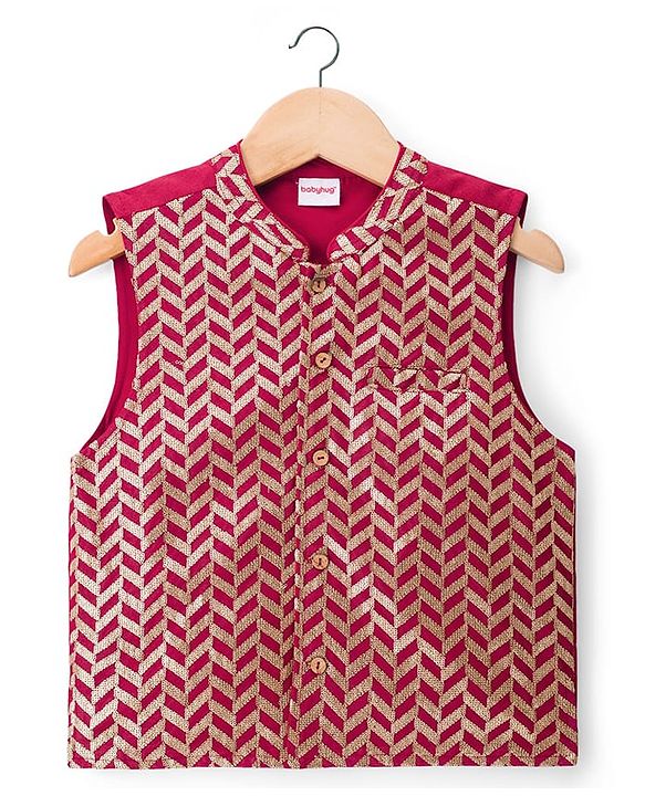 Babyhug Cotton Blend Woven Full Sleeves Kurta Pyjama Set With Nehru Jacket - Red