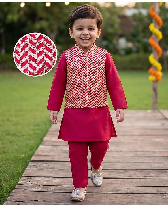 Babyhug Cotton Blend Woven Full Sleeves Kurta Pyjama Set With Nehru Jacket - Red