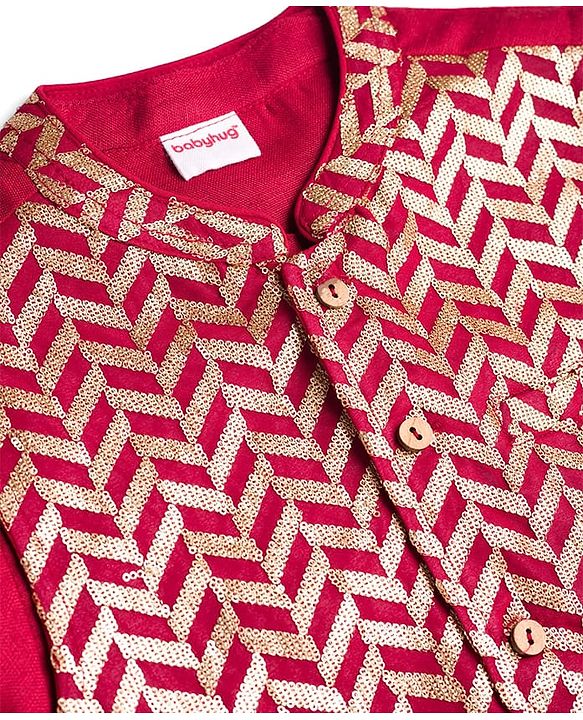 Babyhug Cotton Blend Woven Full Sleeves Kurta Pyjama Set With Nehru Jacket - Red