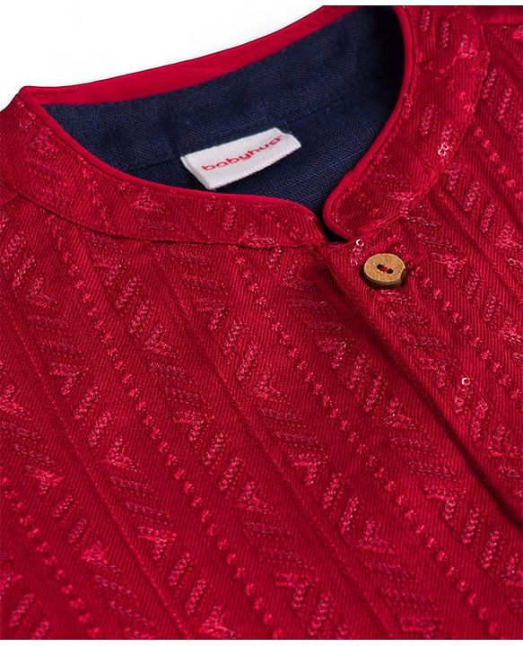 Babyhug Cotton Blend Woven Full Sleeves Solid Colour Kurta Pyjama Set with Embrodered Jacket - Navy