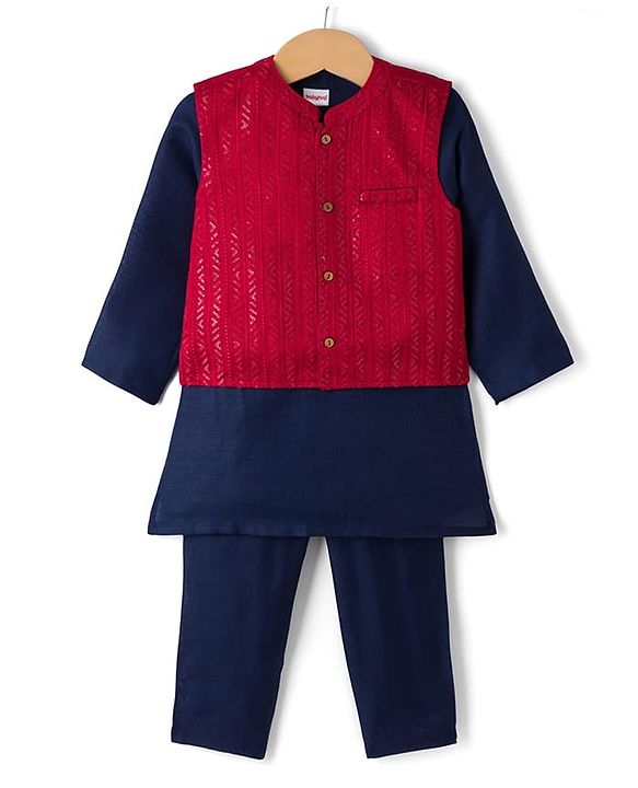 Babyhug Cotton Blend Woven Full Sleeves Solid Colour Kurta Pyjama Set with Embrodered Jacket - Navy