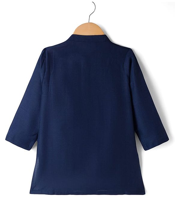 Babyhug Cotton Blend Woven Full Sleeves Solid Colour Kurta Pyjama Set with Embrodered Jacket - Navy