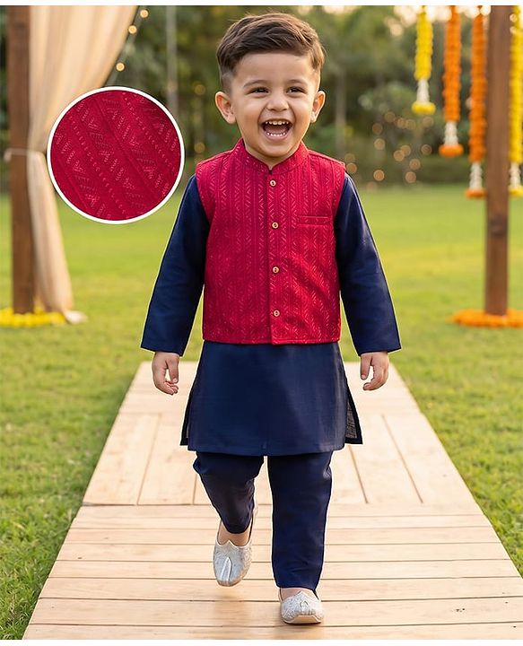 Babyhug Cotton Blend Woven Full Sleeves Solid Colour Kurta Pyjama Set with Embrodered Jacket - Navy
