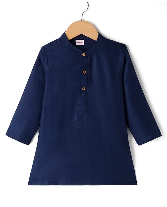Babyhug Cotton Blend Woven Full Sleeves Solid Colour Kurta Pyjama Set with Embrodered Jacket - Navy