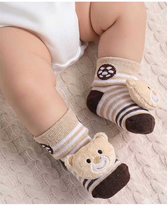 Cute Walk By Babyhug Striped Socks Shoes With Bear Applique - Brown