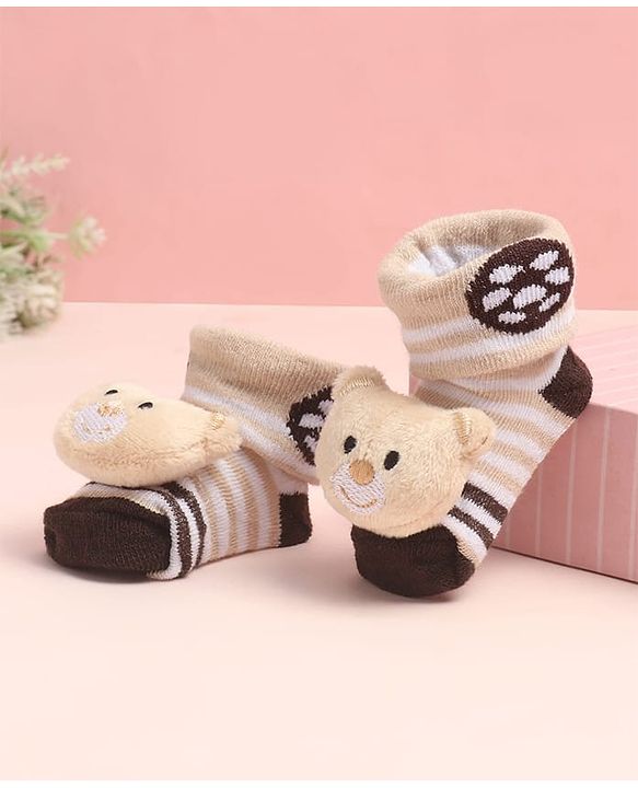 Cute Walk By Babyhug Striped Socks Shoes With Bear Applique - Brown