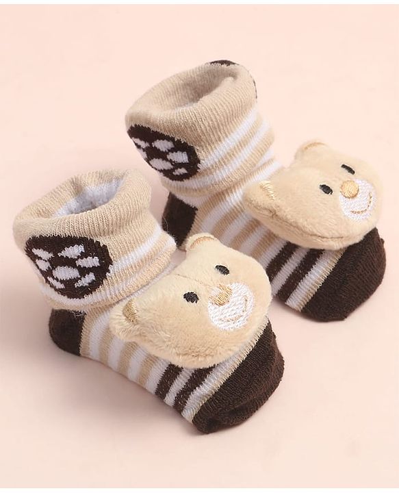 Cute Walk By Babyhug Striped Socks Shoes With Bear Applique - Brown