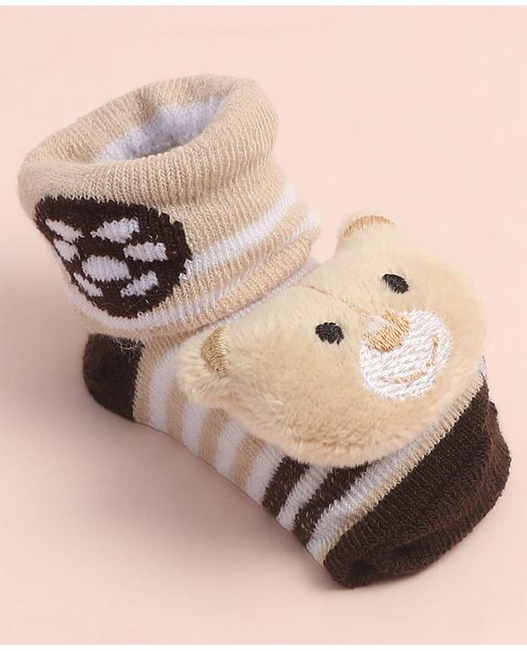 Cute Walk By Babyhug Striped Socks Shoes With Bear Applique - Brown