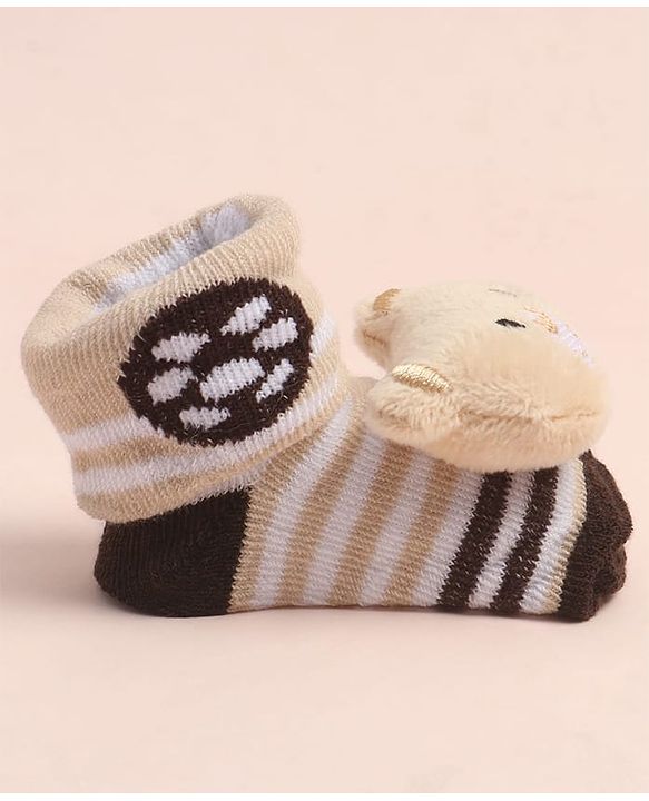 Cute Walk By Babyhug Striped Socks Shoes With Bear Applique - Brown