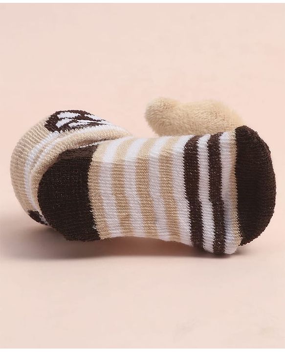 Cute Walk By Babyhug Striped Socks Shoes With Bear Applique - Brown