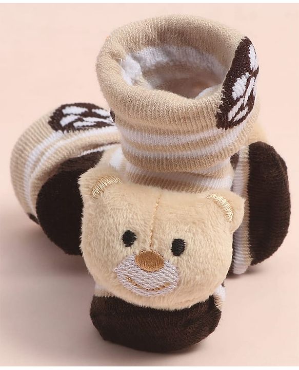 Cute Walk By Babyhug Striped Socks Shoes With Bear Applique - Brown