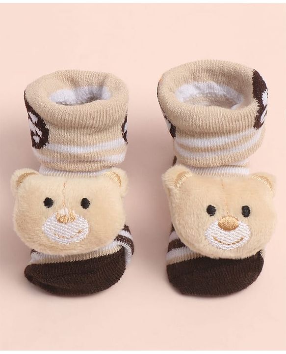 Cute Walk By Babyhug Striped Socks Shoes With Bear Applique - Brown