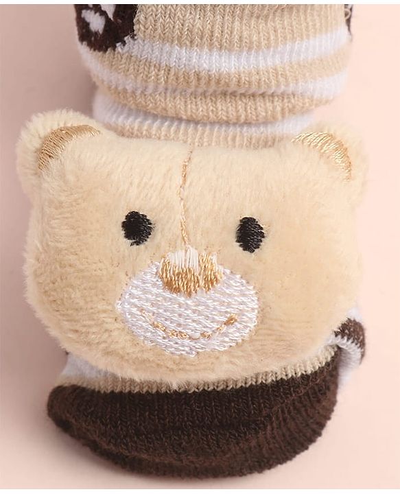 Cute Walk By Babyhug Striped Socks Shoes With Bear Applique - Brown