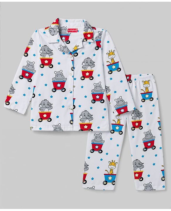 Babyhug Cotton Knit Full Sleeves Shirt & Pyjama Night Suit With Animal Print - White