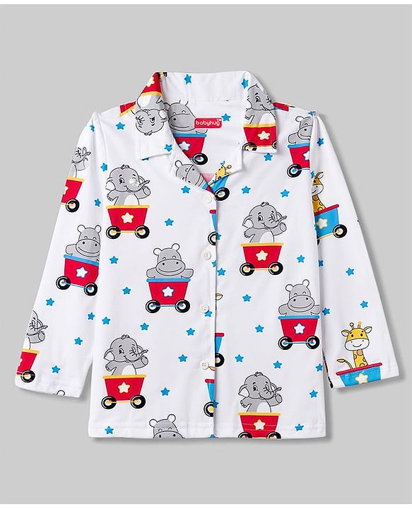 Babyhug Cotton Knit Full Sleeves Shirt & Pyjama Night Suit With Animal Print - White
