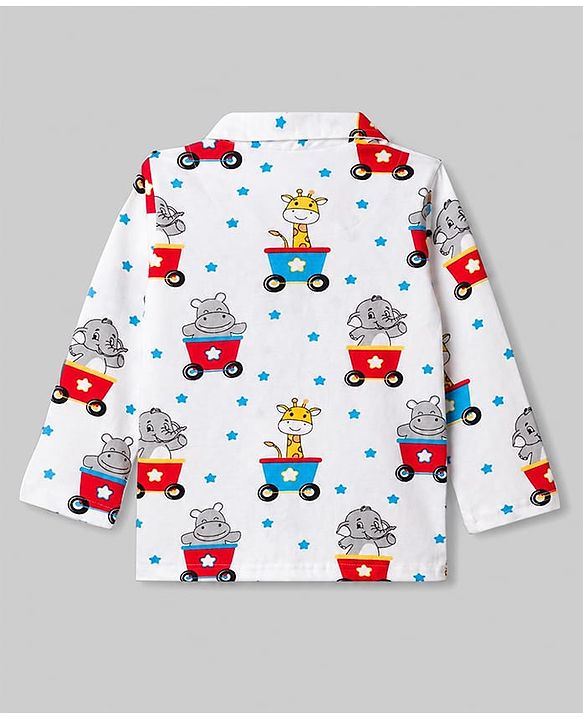 Babyhug Cotton Knit Full Sleeves Shirt & Pyjama Night Suit With Animal Print - White