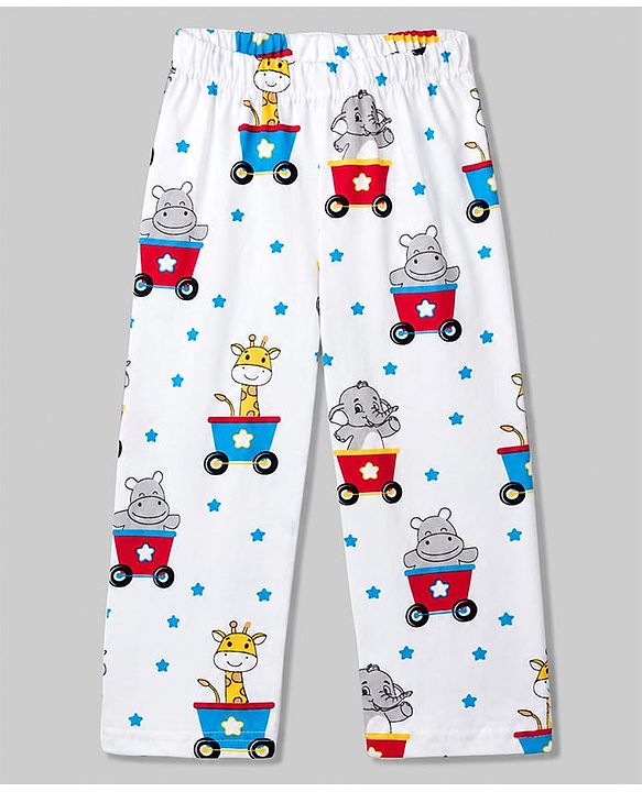 Babyhug Cotton Knit Full Sleeves Shirt & Pyjama Night Suit With Animal Print - White