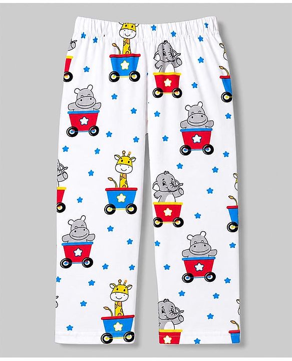 Babyhug Cotton Knit Full Sleeves Shirt & Pyjama Night Suit With Animal Print - White