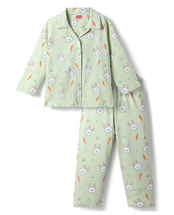 Babyhug 100% Cotton Knit Full Sleeves Co Ord Shirt & Pyjama Night Suit Bunny Print - Green