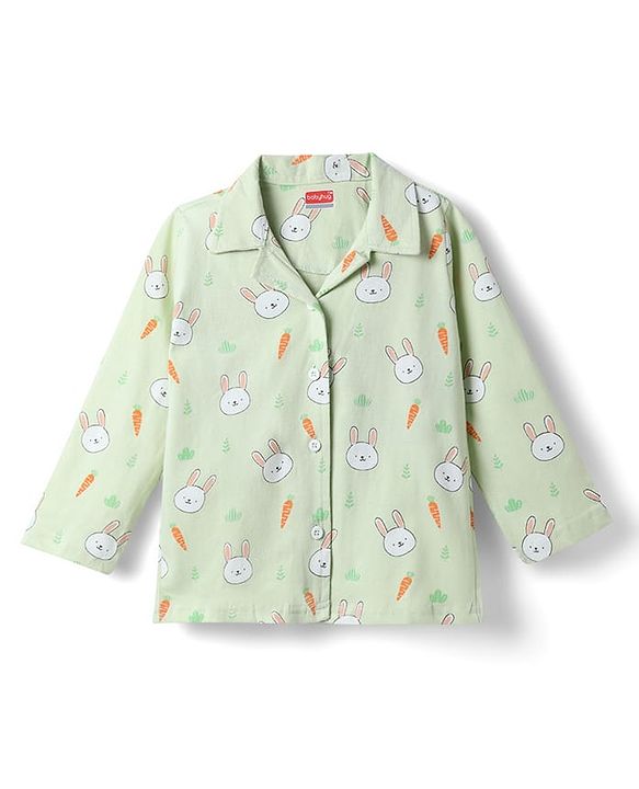 Babyhug 100% Cotton Knit Full Sleeves Co Ord Shirt & Pyjama Night Suit Bunny Print - Green