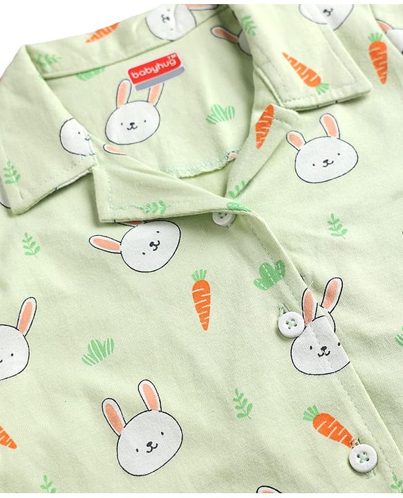 Babyhug 100% Cotton Knit Full Sleeves Co Ord Shirt & Pyjama Night Suit Bunny Print - Green