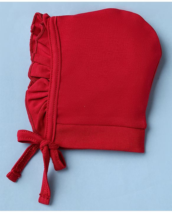 Babyhug 100% Cotton Interlock Knit Cap with Floral Print Pack of 2 Red White - Diameter 10.5 cm