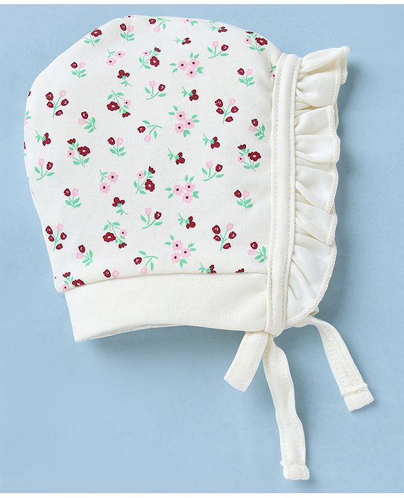 Babyhug 100% Cotton Interlock Knit Cap with Floral Print Pack of 2 Red White - Diameter 10.5 cm