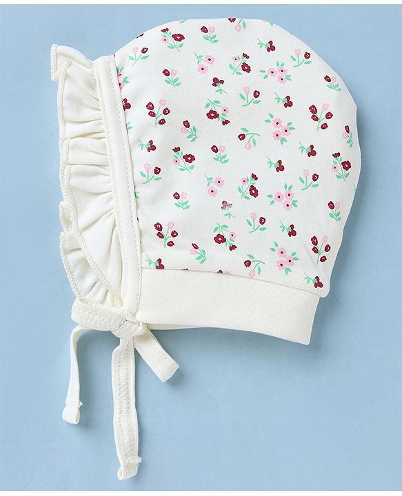 Babyhug 100% Cotton Interlock Knit Cap with Floral Print Pack of 2 Red White - Diameter 10.5 cm