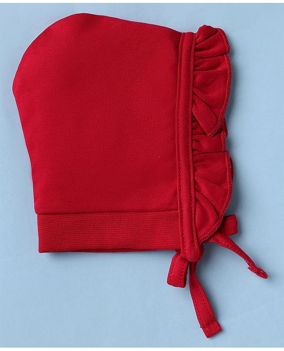 Babyhug 100% Cotton Interlock Knit Cap with Floral Print Pack of 2 Red White - Diameter 10.5 cm
