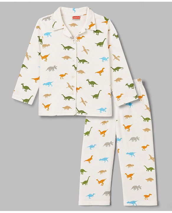 Babyhug 100% Cotton Knit Full Sleeves Shirt & Pyjama Co-Ord Night Suit With Dino Print - White