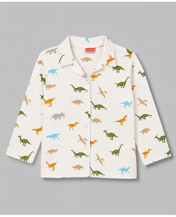 Babyhug 100% Cotton Knit Full Sleeves Shirt & Pyjama Co-Ord Night Suit With Dino Print - White