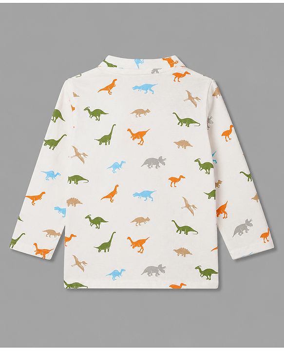 Babyhug 100% Cotton Knit Full Sleeves Shirt & Pyjama Co-Ord Night Suit With Dino Print - White