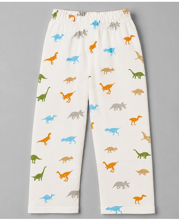 Babyhug 100% Cotton Knit Full Sleeves Shirt & Pyjama Co-Ord Night Suit With Dino Print - White