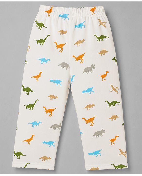 Babyhug 100% Cotton Knit Full Sleeves Shirt & Pyjama Co-Ord Night Suit With Dino Print - White
