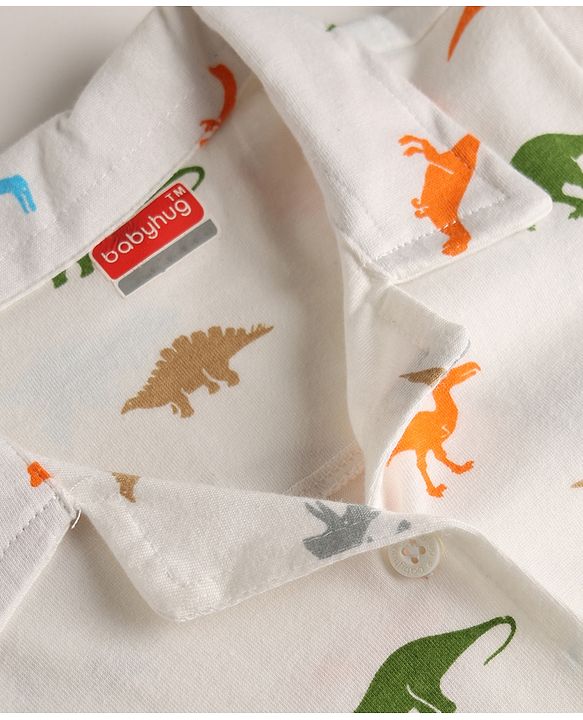 Babyhug 100% Cotton Knit Full Sleeves Shirt & Pyjama Co-Ord Night Suit With Dino Print - White
