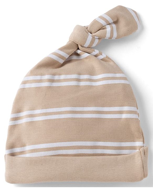 Babyhug Interlock Knit 100% Cotton Striped Caps With Bear Patch Pack of 2 Brown & Light Blue - Diameter 10 cm