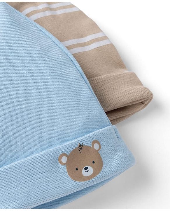 Babyhug Interlock Knit 100% Cotton Striped Caps With Bear Patch Pack of 2 Brown & Light Blue - Diameter 10 cm