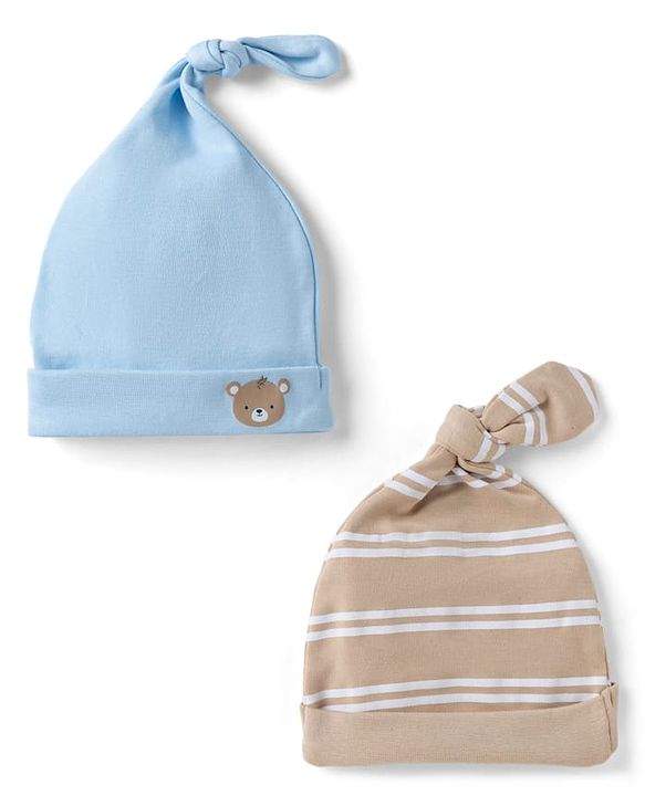 Babyhug Interlock Knit 100% Cotton Striped Caps With Bear Patch Pack of 2 Brown & Light Blue - Diameter 10 cm