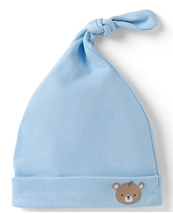 Babyhug Interlock Knit 100% Cotton Striped Caps With Bear Patch Pack of 2 Brown & Light Blue - Diameter 10 cm