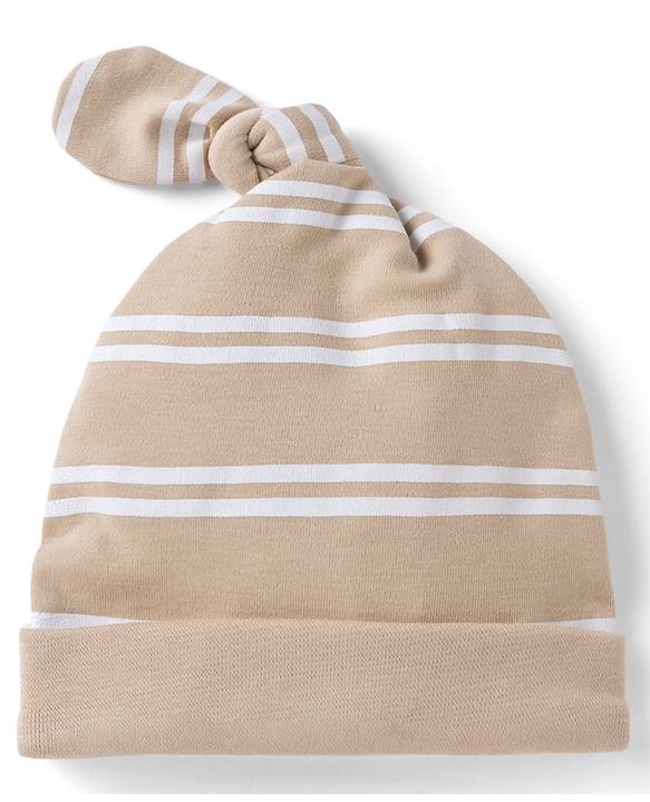 Babyhug Interlock Knit 100% Cotton Striped Caps With Bear Patch Pack of 2 Brown & Light Blue - Diameter 10 cm