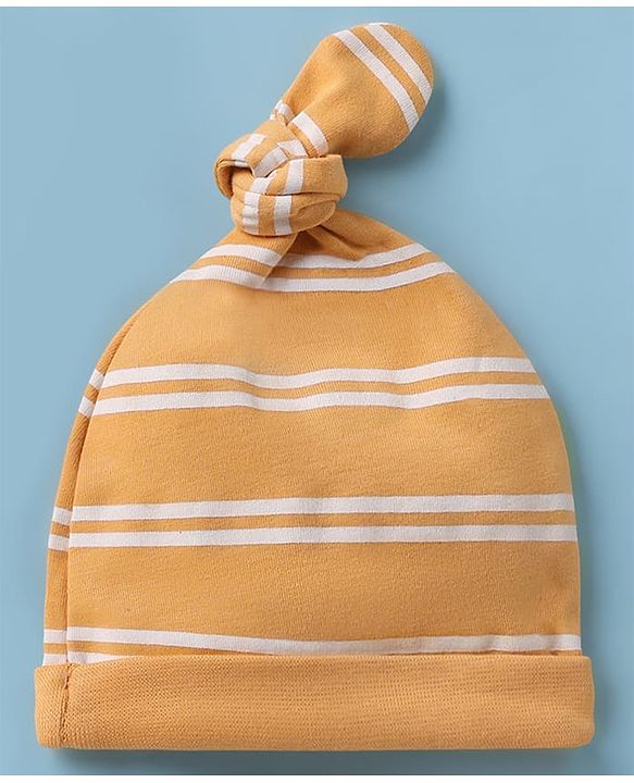Babyhug 100% Cotton Interlock Knit Striped Cap with Dinosaur Elephant Print Pack of 2 White Yellow - Diameter 15 cm