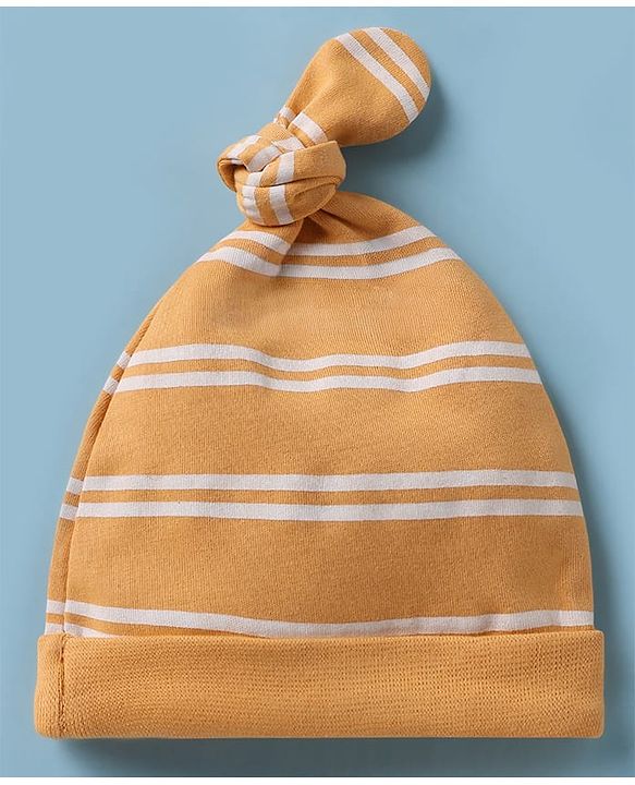 Babyhug 100% Cotton Interlock Knit Striped Cap with Dinosaur Elephant Print Pack of 2 White Yellow - Diameter 15 cm