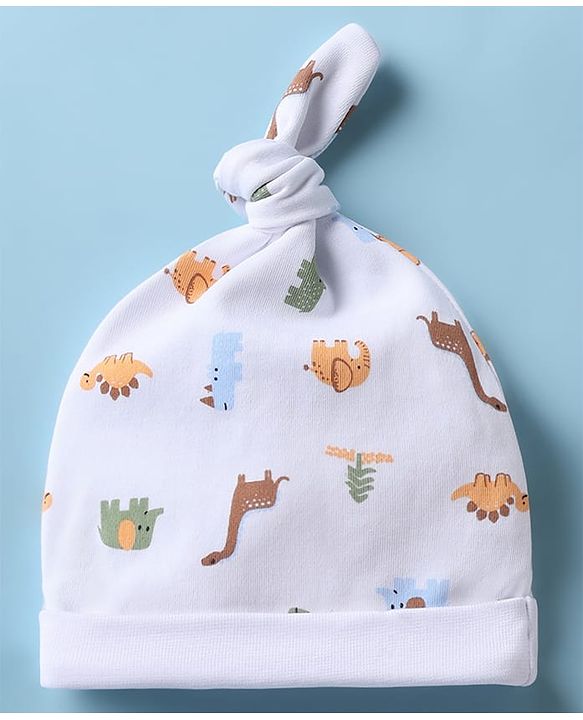 Babyhug 100% Cotton Interlock Knit Striped Cap with Dinosaur Elephant Print Pack of 2 White Yellow - Diameter 15 cm