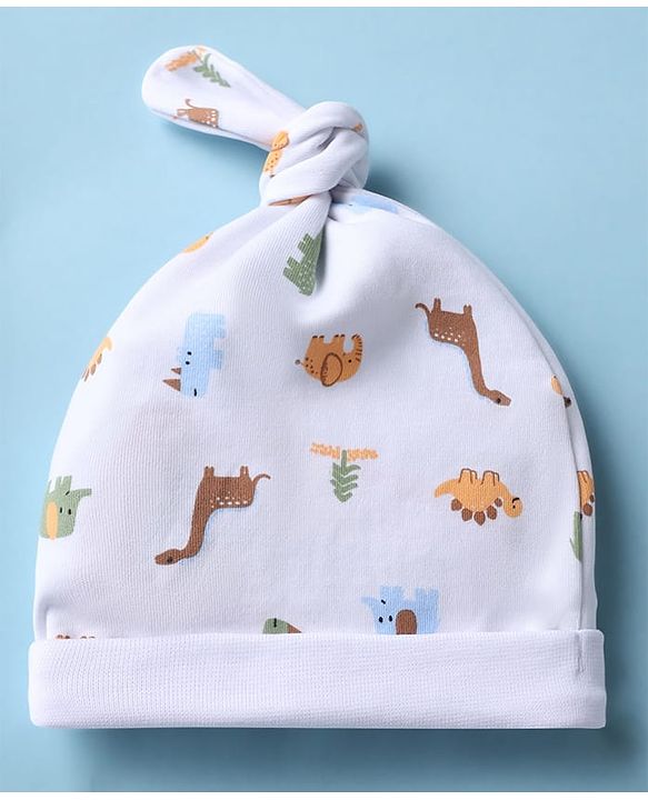 Babyhug 100% Cotton Interlock Knit Striped Cap with Dinosaur Elephant Print Pack of 2 White Yellow - Diameter 15 cm