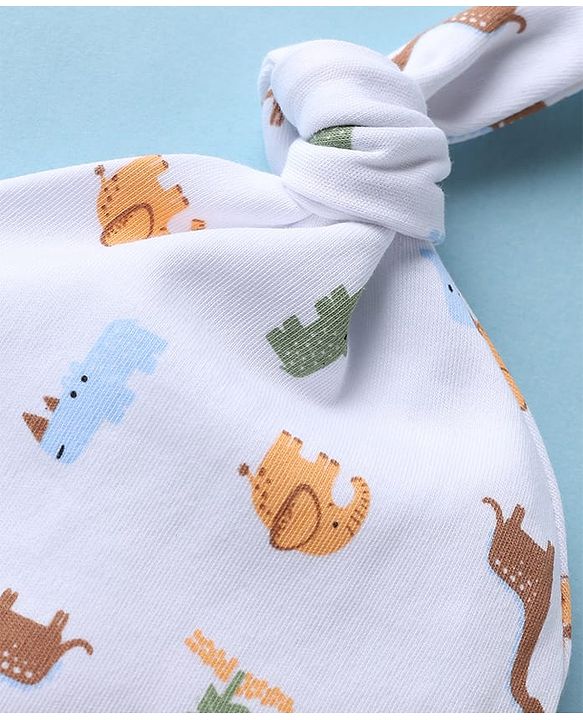 Babyhug 100% Cotton Interlock Knit Striped Cap with Dinosaur Elephant Print Pack of 2 White Yellow - Diameter 15 cm