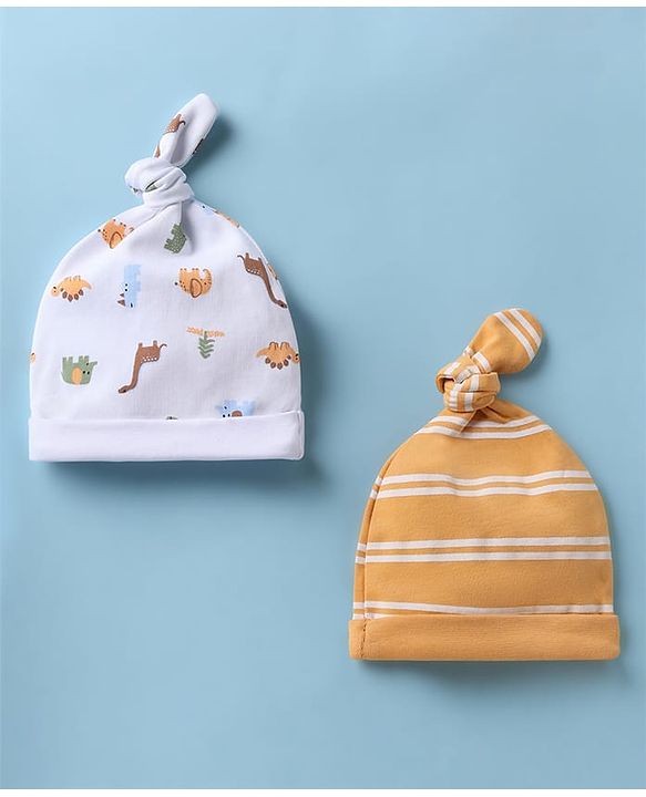 Babyhug 100% Cotton Interlock Knit Striped Cap with Dinosaur Elephant Print Pack of 2 White Yellow - Diameter 15 cm
