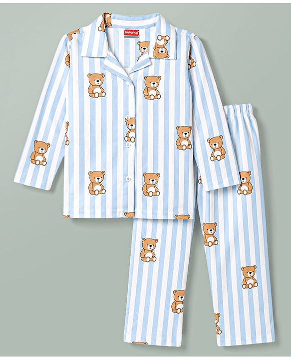 Babyhug Cotton Knit Full Sleeves Striped & Bear Printed Co-Ords Shirt & Pyjama Night Suit - Light Blue