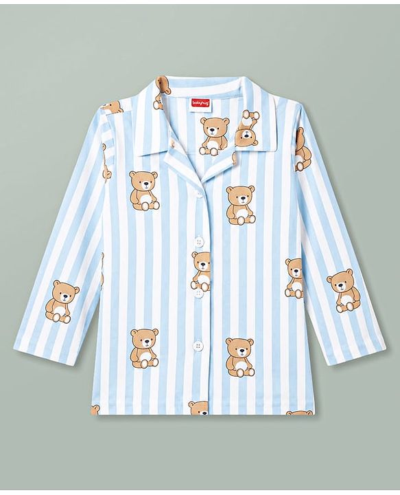 Babyhug Cotton Knit Full Sleeves Striped & Bear Printed Co-Ords Shirt & Pyjama Night Suit - Light Blue